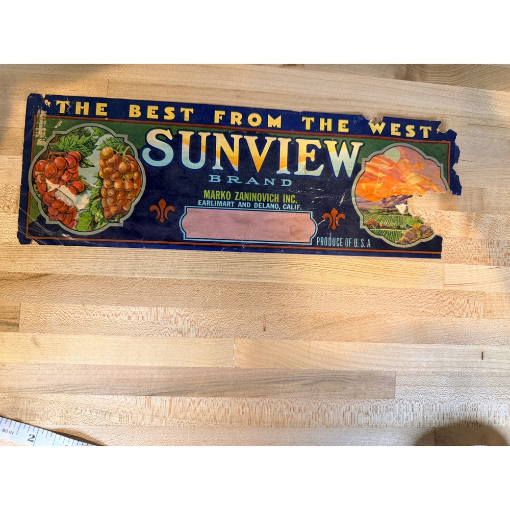 Vintage Sunview Brand Grape Crate Label Marko Zaninovich California Fruit Art